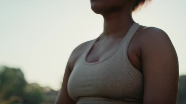 Woman Practicing Breathing Exercise Park Summer Day Shot Red Helium — Stockvideo