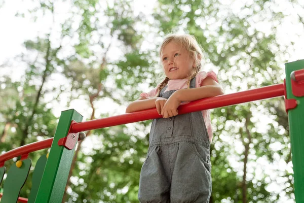 Little Girl Standing Playground Summer Day — Zdjęcie stockowe
