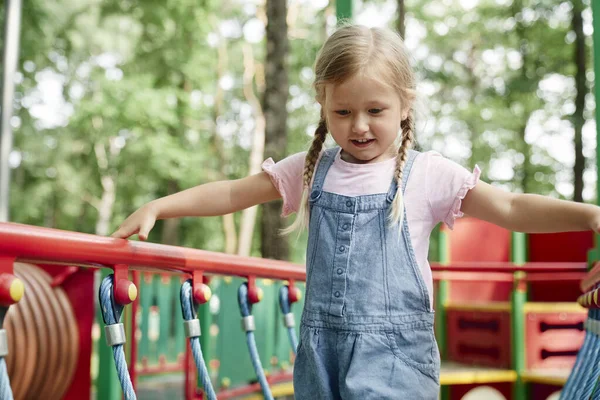 Little Girl Have Fun Playground Summer Day — Zdjęcie stockowe
