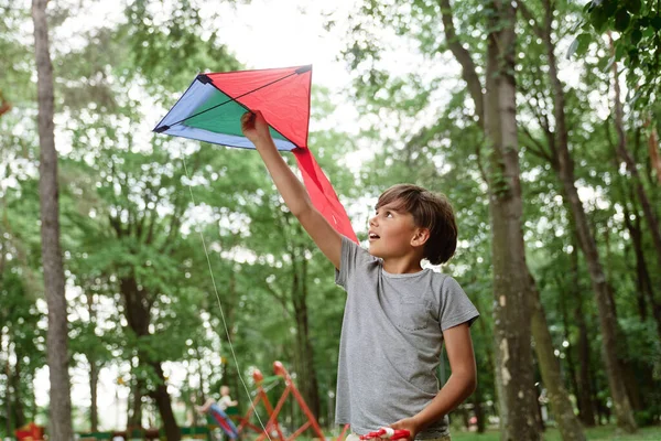 Blonde Boy Have Fun Kite Playground — Stockfoto