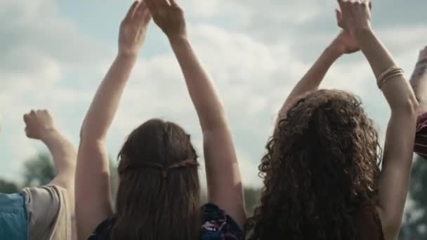 Вид Ззаду Друзів Які Танцюють Музичному Фестивалі Піднятими Руками Знімок — стокове відео