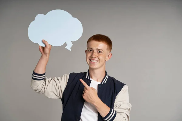 Redhead Boy Looking Camera Pointing Held Thought Bubble — Stockfoto
