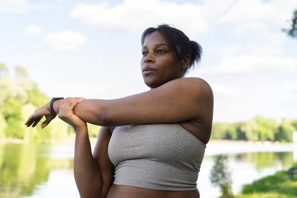 Sized African American Woman Exercising Park Summer Day —  Fotos de Stock