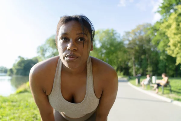 African American Focused Woman Breathing Running Park — Stock fotografie