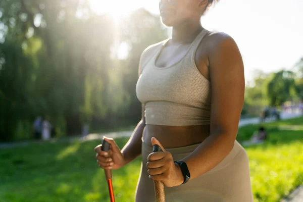 Detail Hand African American Woman Exercising Nordic Walking Park Summe — Stock fotografie