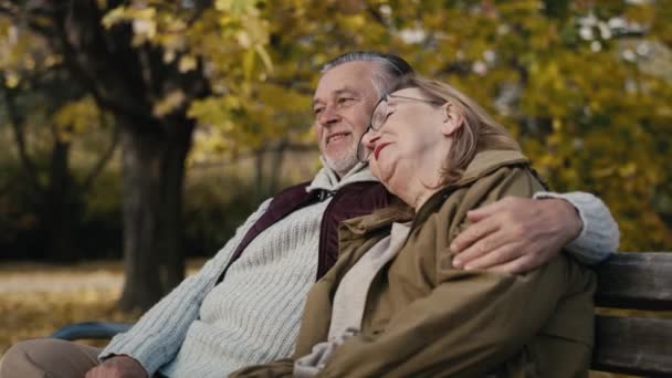 Caucasian Senior Couple Sitting Bench Park Embracing Shot Red Helium — Αρχείο Βίντεο