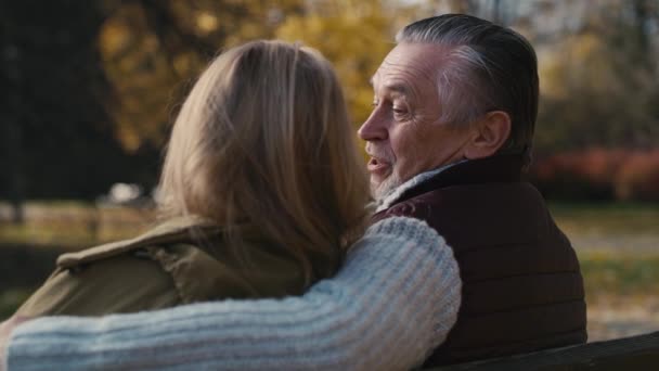 Rear View Caucasian Senior Couple Sitting Bench Park Embracing Shot — Wideo stockowe