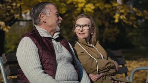 Caucasian Senior Couple Sitting Bench Park Embracing Shot Red Helium — 비디오