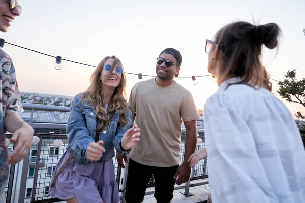 Group Multi Ethnicity Friends Dancing Party Top Roof — Stok fotoğraf