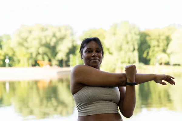 Sized African American Woman Stretching Park Summer Day —  Fotos de Stock