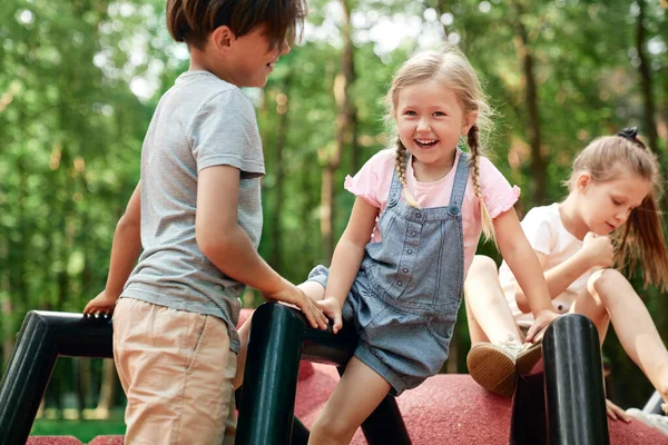 Portrait Cute Girl Friends Playground — Fotografia de Stock