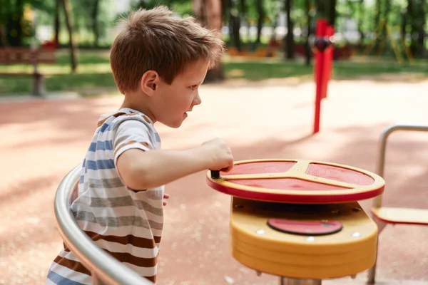 Caucasian Little Boy Playing Playground Summer Day — Stockfoto