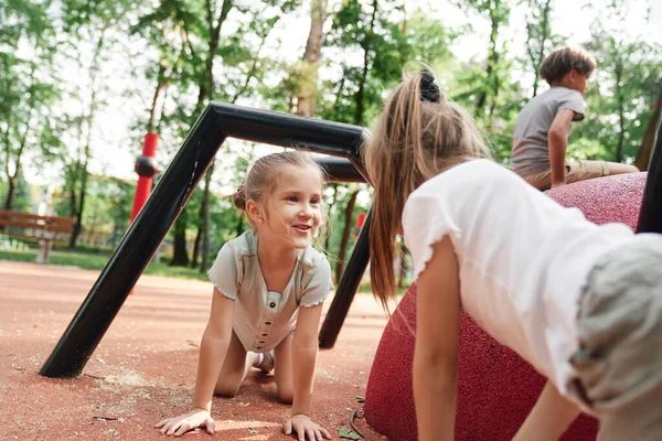 Caucasian Girl Playing Playground Summer Day — Stockfoto