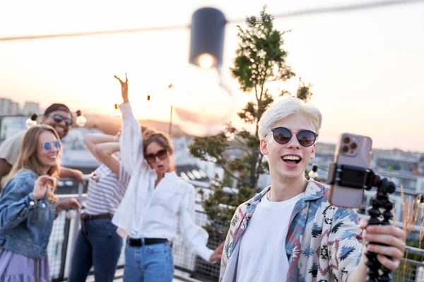 Caucasian Young Man Make Video Rooftop Party Friends Summer Day — 图库照片