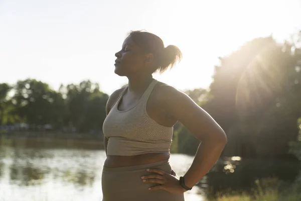 Young African American Woman Breathing Hard Workout Park —  Fotos de Stock