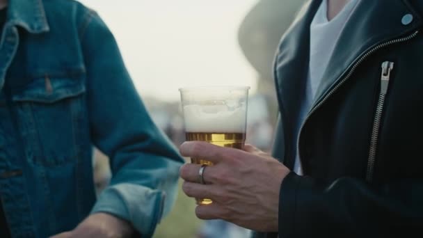 Close Unrecognizable Man Holding Disposable Cup Beer Shot Red Helium — Stock video