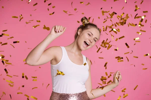 Caucasian Teenage Girl Pink Background Dancing Golden Confetti — Stock Fotó