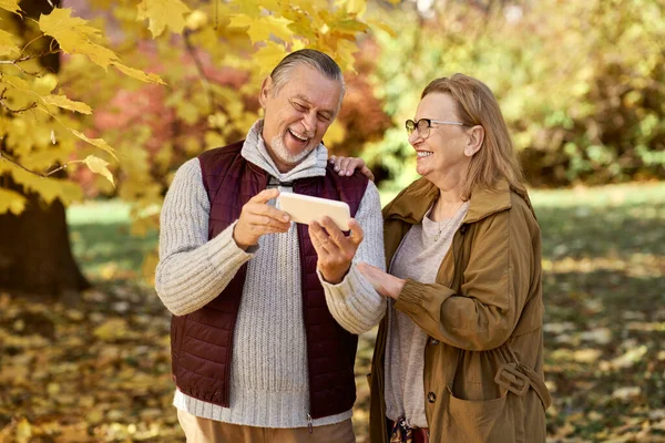 Старшая Женщина Мужчина Смотрят Мобильный Телефон Парке Осенью — стоковое фото