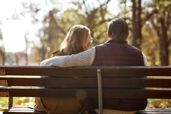 Senior Caucasian Couple Sitting Bench Park — Photo