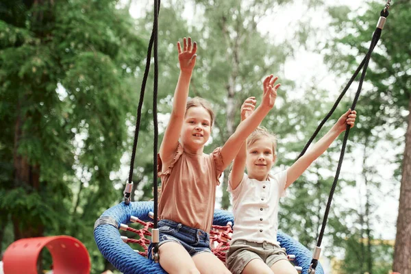 Group Friends Swinging Together Playground — Photo