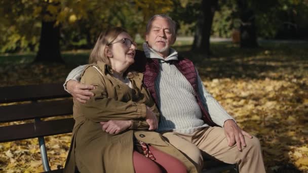Caucasian Senior Couple Sitting Bench Park Embracing Shot Red Helium — Vídeos de Stock