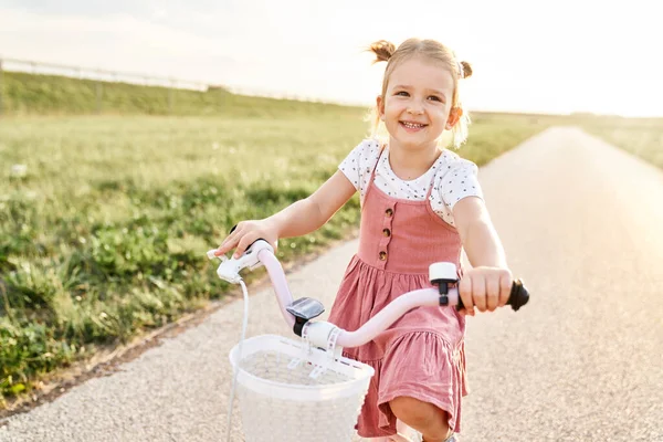 Portrait Little Caucasian Girl Sitting Bike Sunset Time — 스톡 사진