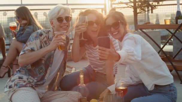 Group Caucasian Friends Mobile Phone Party Top Roof Shot Red — Wideo stockowe
