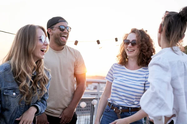 Group Multi Ethnicity Friends Laughing Party Top Roof — Foto de Stock