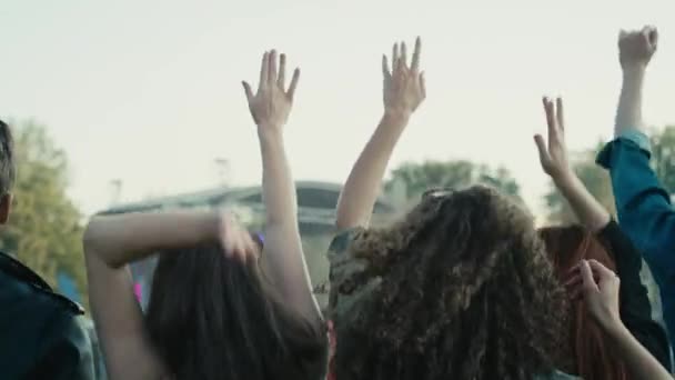 Вид Ззаду Друзів Які Танцюють Музичному Фестивалі Піднятими Руками Знімок — стокове відео