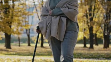 Low section of senior woman with walking stick at the park. Shot with RED helium camera in 8K  