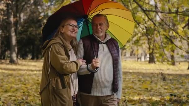 Senior Caucasian Couple Colourful Umbrella Park Shot Red Helium Camera — Video