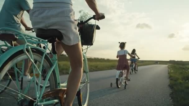 Rear View Family Four Caucasian People Riding Bikes Village Road — Vídeo de Stock