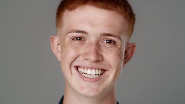 Close Portrait Red Head Caucasian Teenage Man Toothy Smile Shot — Stock Video