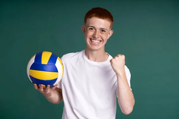 Successful Red Head Boy Holding Volleyball Ball Looking Camera —  Fotos de Stock