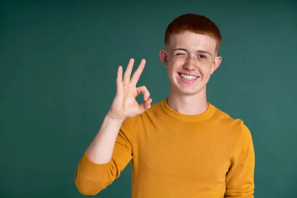 Smiling Caucasian Male Teenager Showing Perfection Sign Made Hands — Zdjęcie stockowe