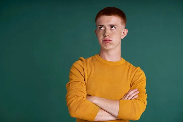 Caucasian Teenage Boy Red Hair Dissatisfied Face Expression Looking — Stock fotografie