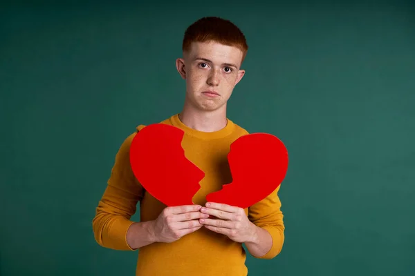 Broken Hearted Caucasian Teenage Boy Heart Shape Speech Bubble — Zdjęcie stockowe