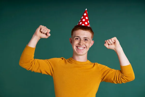 Portrait Successful Smiling Red Head Young Man Party Hat — Fotografia de Stock