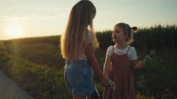 Две Маленькие Кавказские Девочки Проводят Время Сельской Дороге Собирают Полевые — стоковое видео