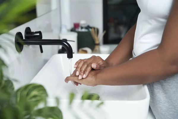 Close African American Person Washing Hands Sink — 스톡 사진
