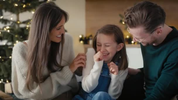 Caucasian Family Spending Time Together Home Christmas Time Shot Red — Videoclip de stoc