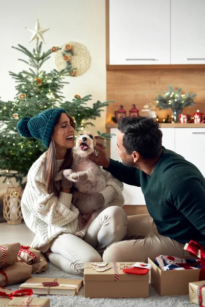 Happy Couple Opening Christmas Presents Dog Home — стоковое фото