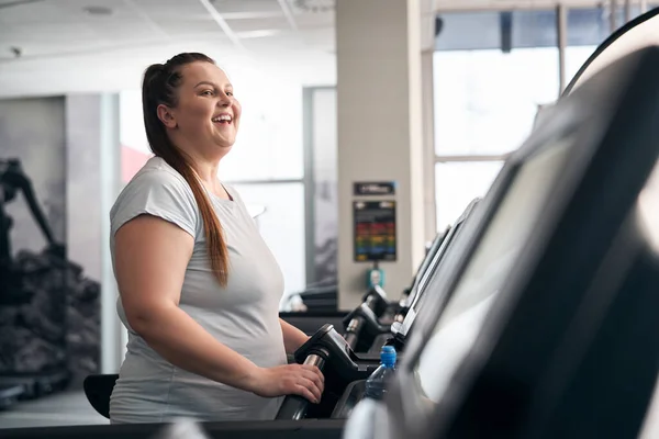 Size Caucasian Woman Running Treadmill Gym — Stock Fotó