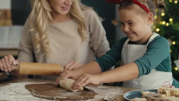 Donna Caucasica Con Figlia Che Biscotti Nel Periodo Natalizio Cucina — Video Stock