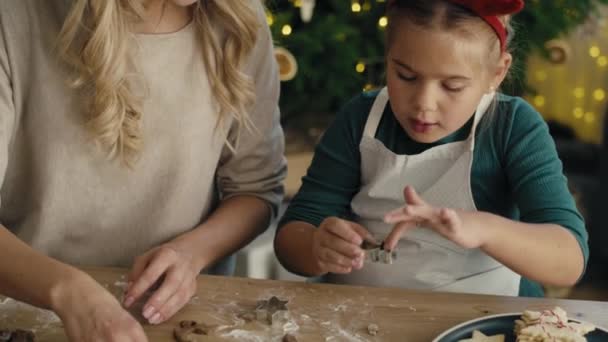 跟踪视频的高加索女人与女儿在圣诞节期间在厨房做饼干 用8K的红色氦相机拍摄 — 图库视频影像