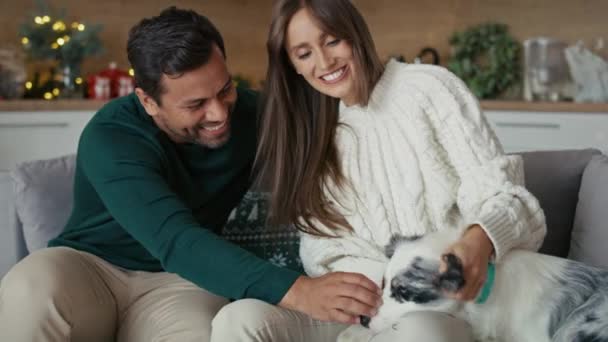 Щаслива Багатонаціональна Пара Грає Собакою Сидячи Дивані Різдво Знімок Гелієвою — стокове відео