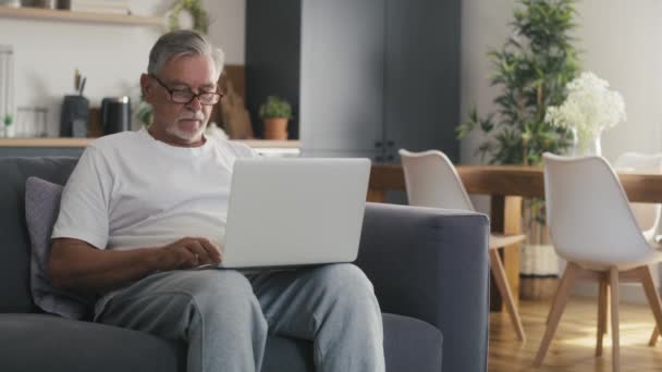 Homem Caucasiano Sênior Sentado Sofá Usando Laptop Tiro Com Câmera — Vídeo de Stock