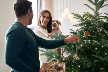 Caucasian woman with her man decorating Christmas tree at home