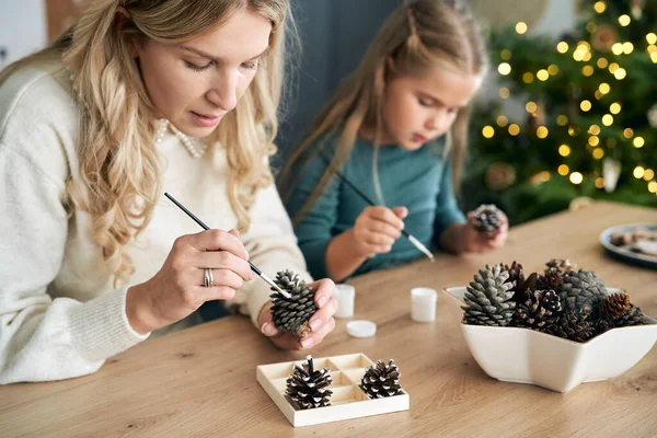 Caucasian Woman Daughter Decorating Cone White Paint — Stock Photo, Image