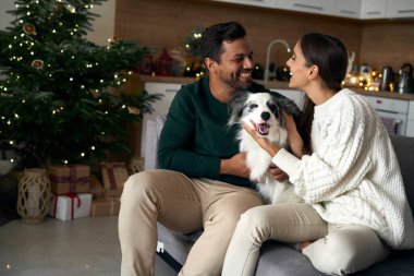 Mutlu çift ve köpek Noel 'de koltukta oturuyor. 